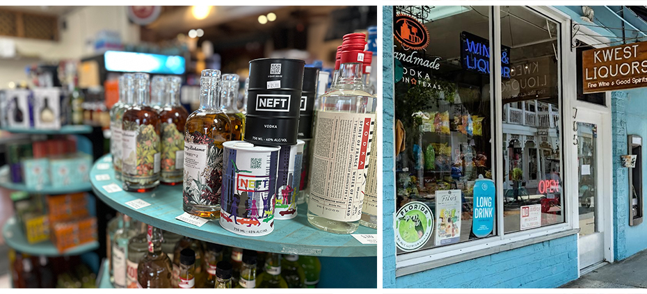 Aquarius-stained wood gondola shelving at Key West Liquors with spirits neatly merchandised
