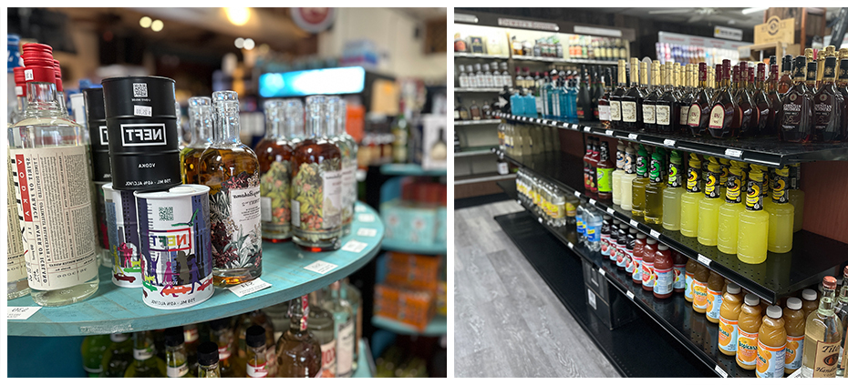 Aquarius-stained wood wall gondola shelving displaying premium spirits