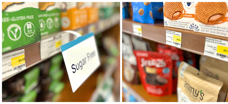 Shelf talkers and wobblers highlighting wellness product promotions