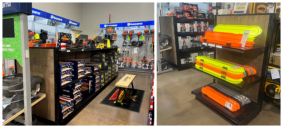 Retail gondola island display in an outdoor power equipment store showing organized Weathered Teak shelving, signage, and accessories