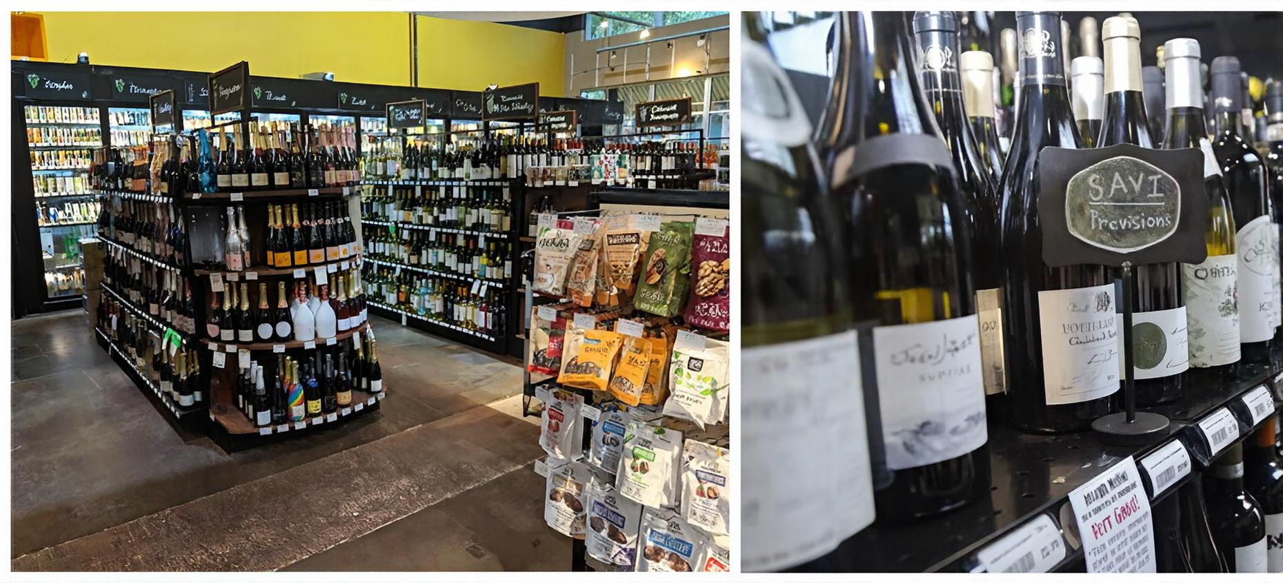 Wine and beverage department at Savi Provisions featuring fully merchandised wood and metal gondola shelving, including champagne, wine bottles, snack displays and close-up branded Savi Provisions shelf signage.