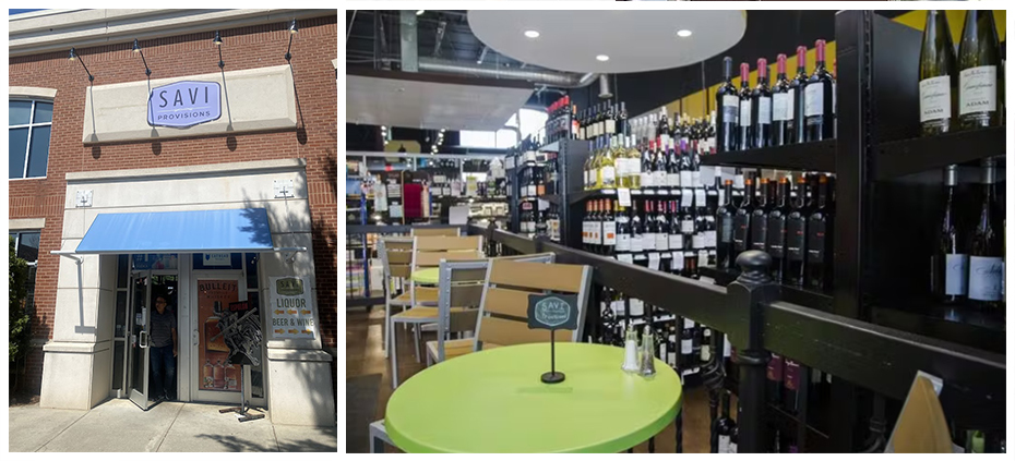 Exterior storefront of Savi Provisions with branded signage and awning, shown alongside an interior view featuring wine aisles, black metal gondola shelving and an in-store seating area with Savi Provisions tabletop signage.